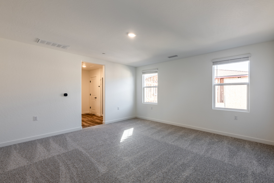 A room with a carpet and windows.