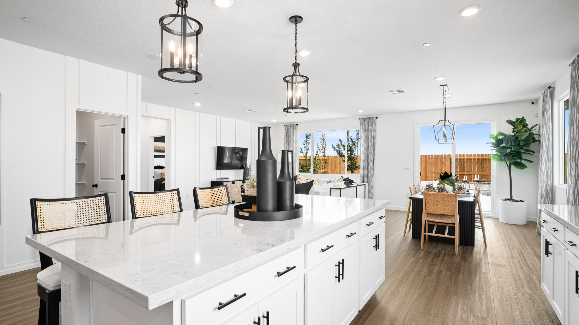 A kitchen with a large island.