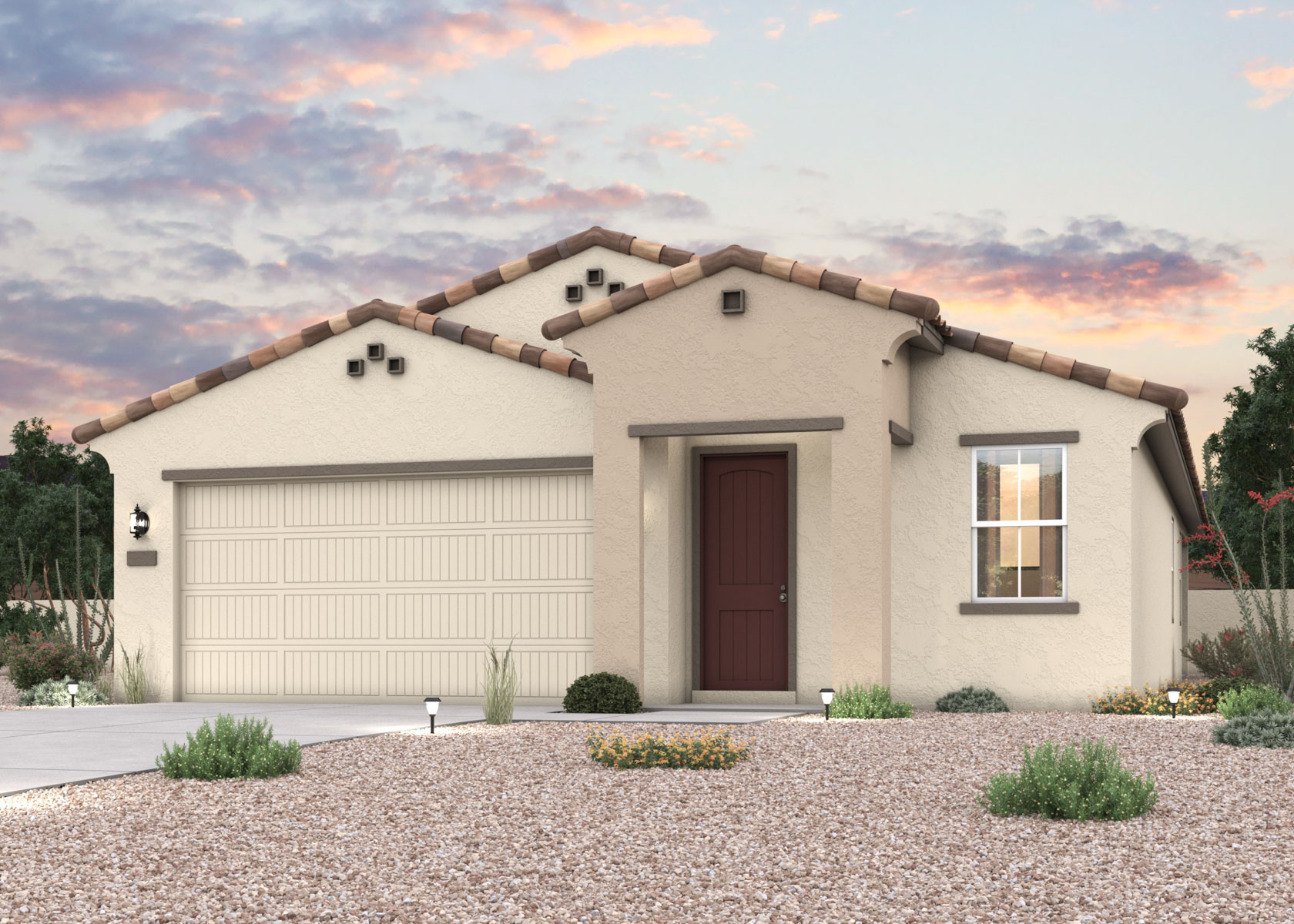 Twilight rendering of a new home for sale in Buckeye, AZ with 2 car garage at Montana Vista by Century Communities.