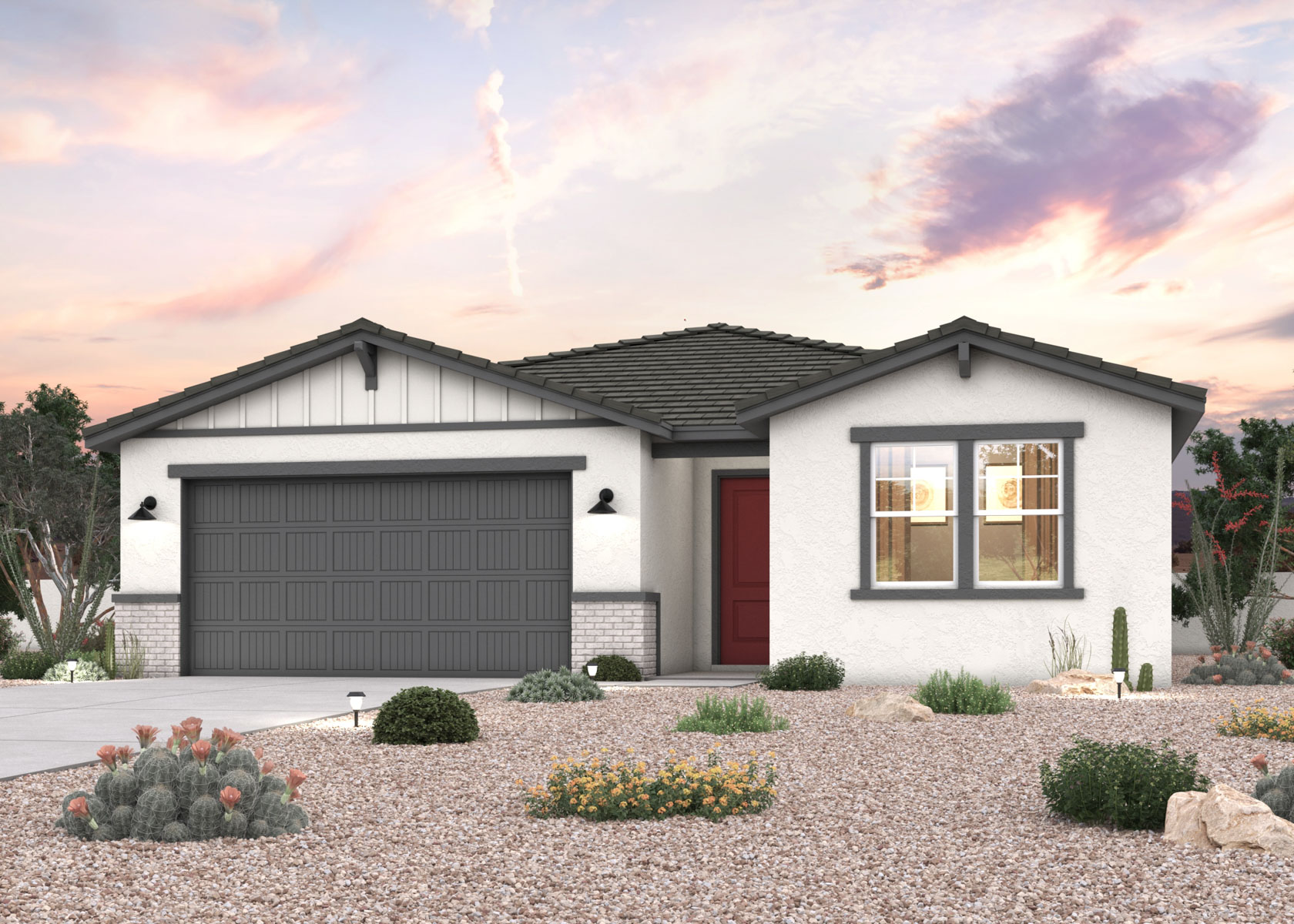 Twilight rendering of front of home with 2 car garage in Surprise, AZ