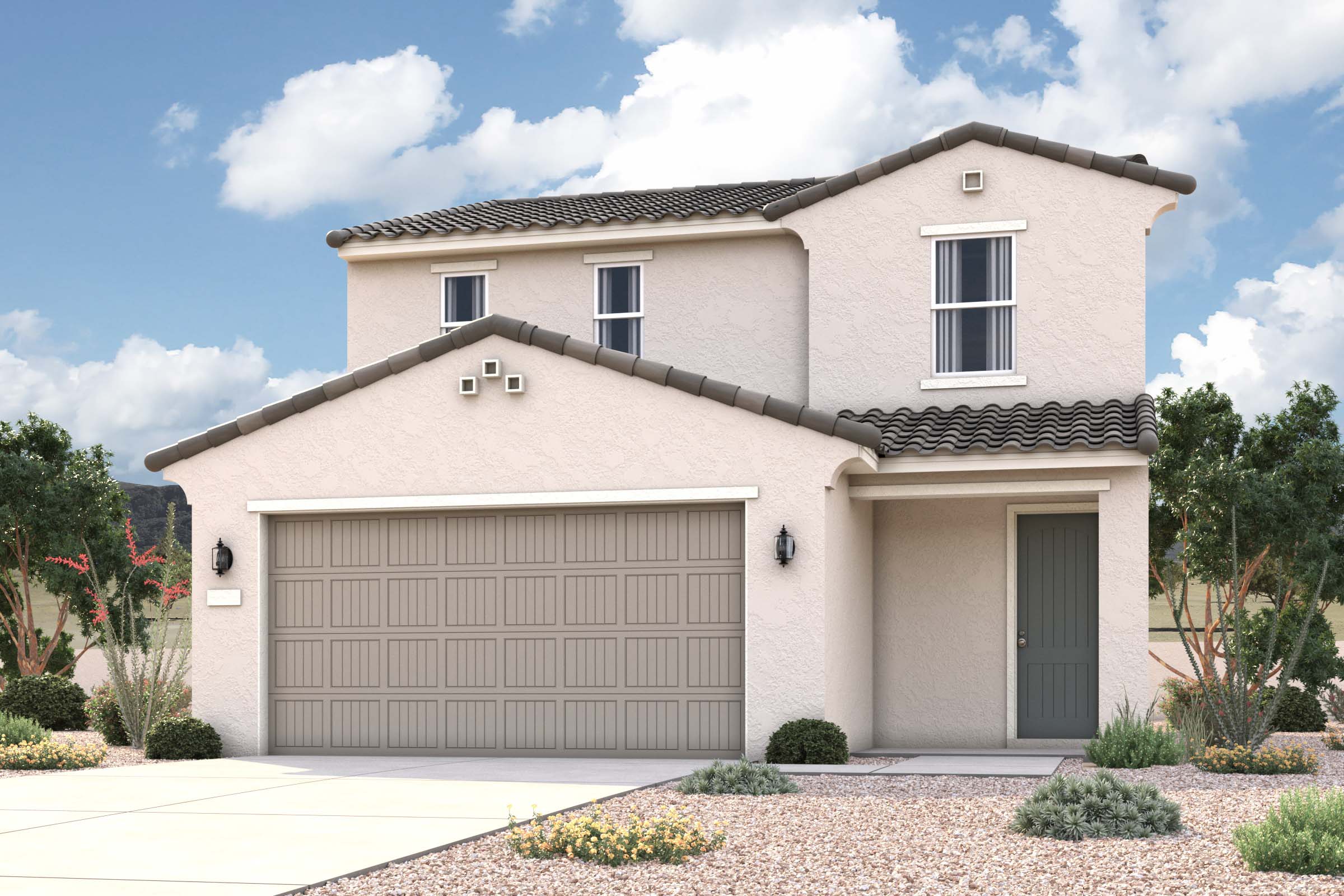 Rendering of front of new home for sale in San Tan Valley, AZ at Skyline Village the Highlands Collection by Century Communities with 2 car garage.