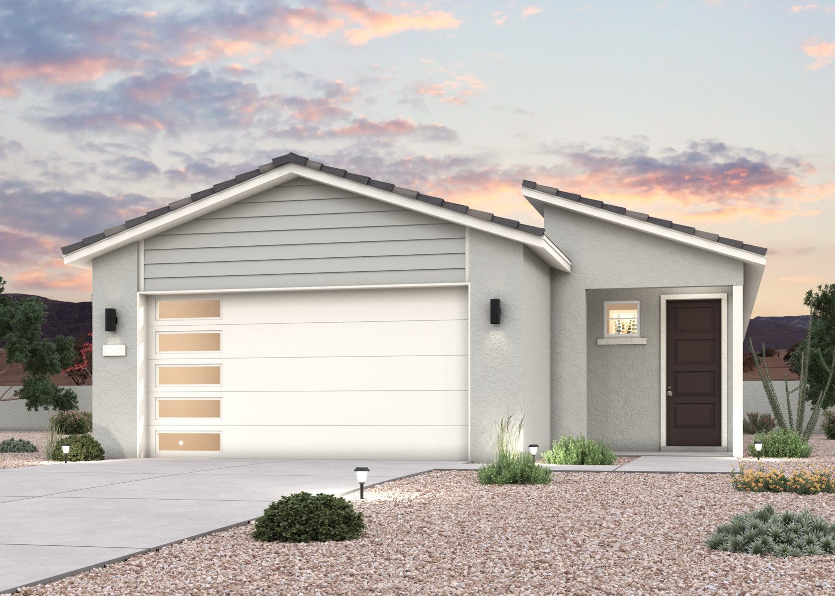 A twilight rendering of a single-story new home with amenities in Buckeye, AZ at Manzanita at Teravalis by Century Communities.