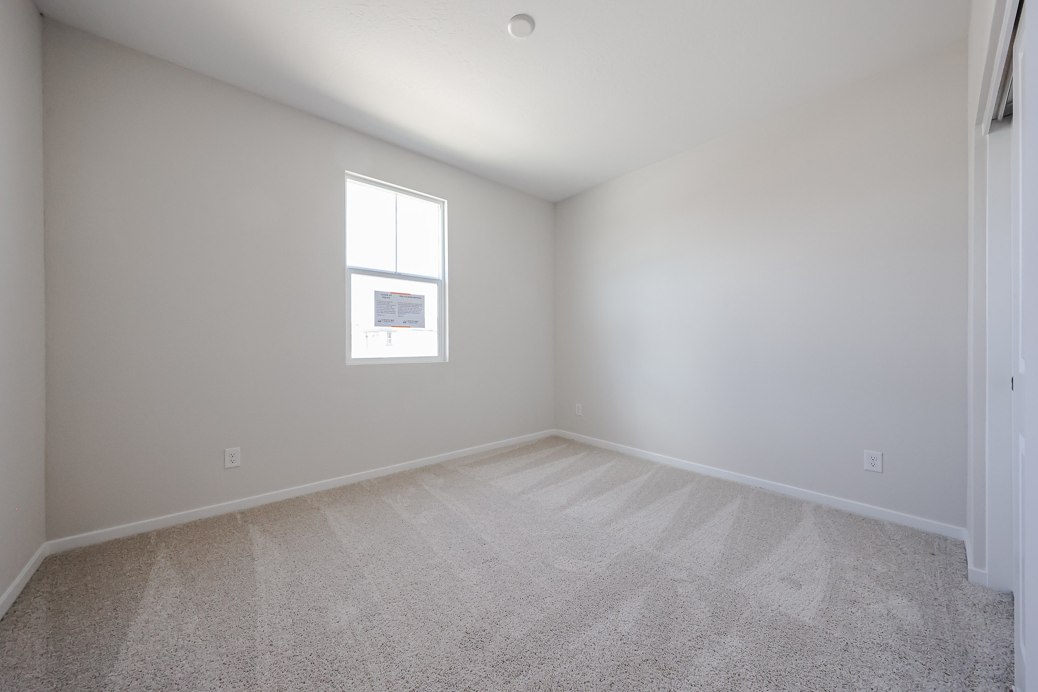 A room with a carpet and a window.