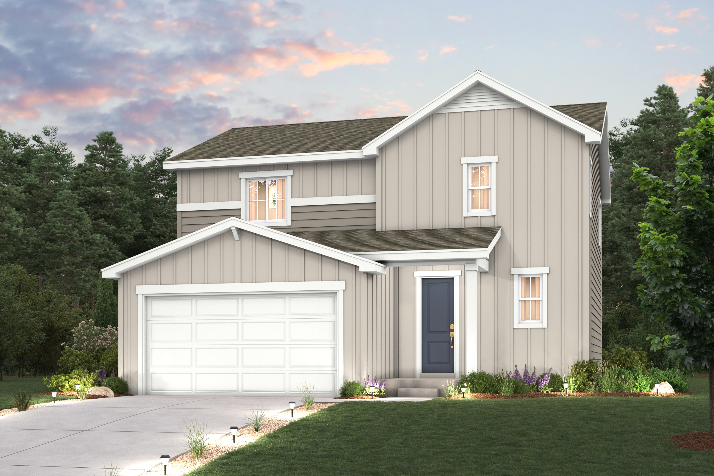 Mackenzie Elevation A rendering with landscaping, garage, driveway and exterior paint colors 