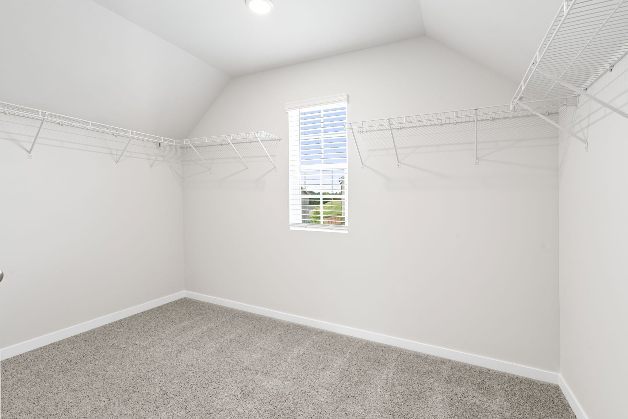 A room with a window and a carpet.