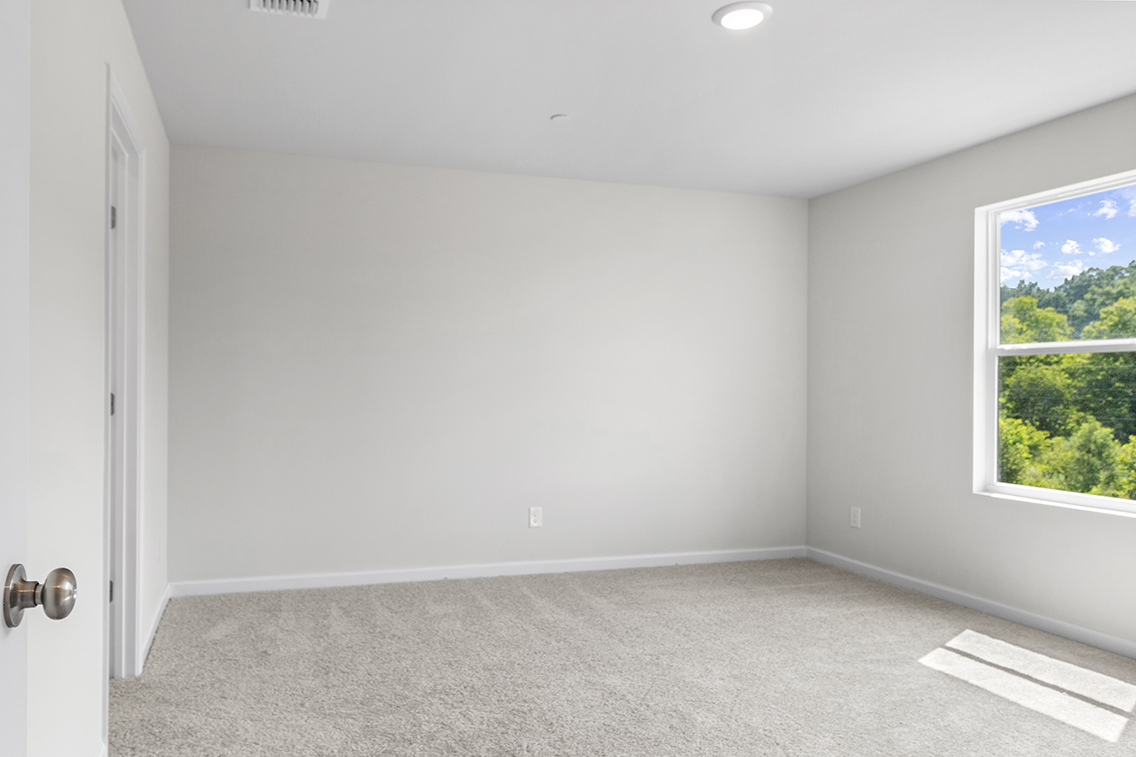 A room with a carpet and a window.