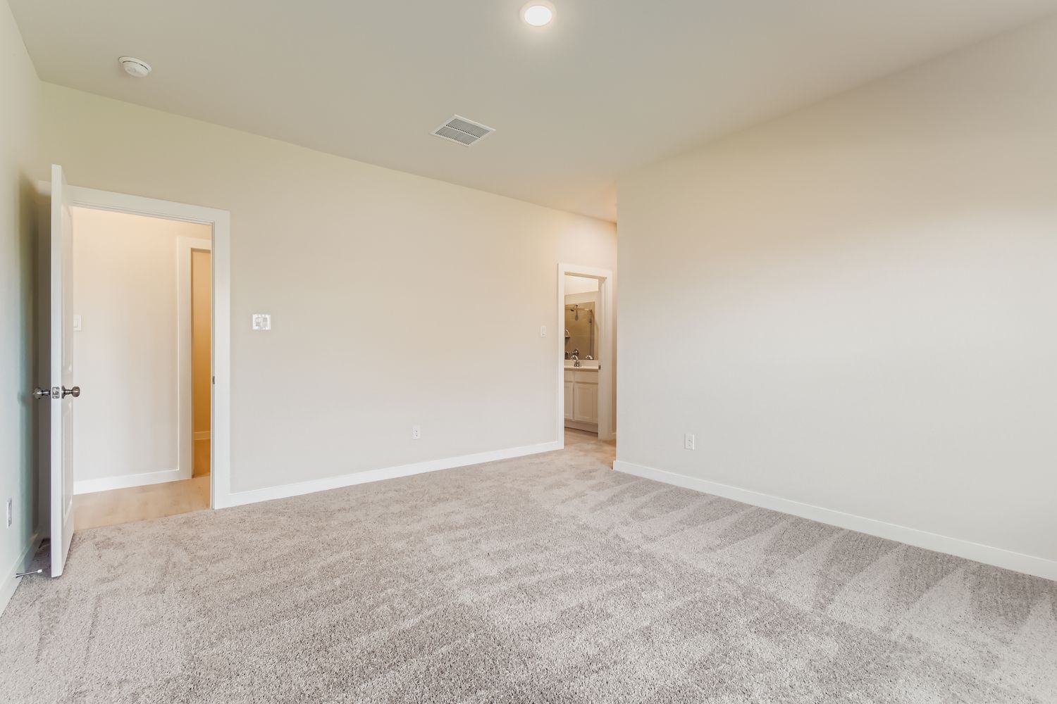 A hallway with carpet and doors.