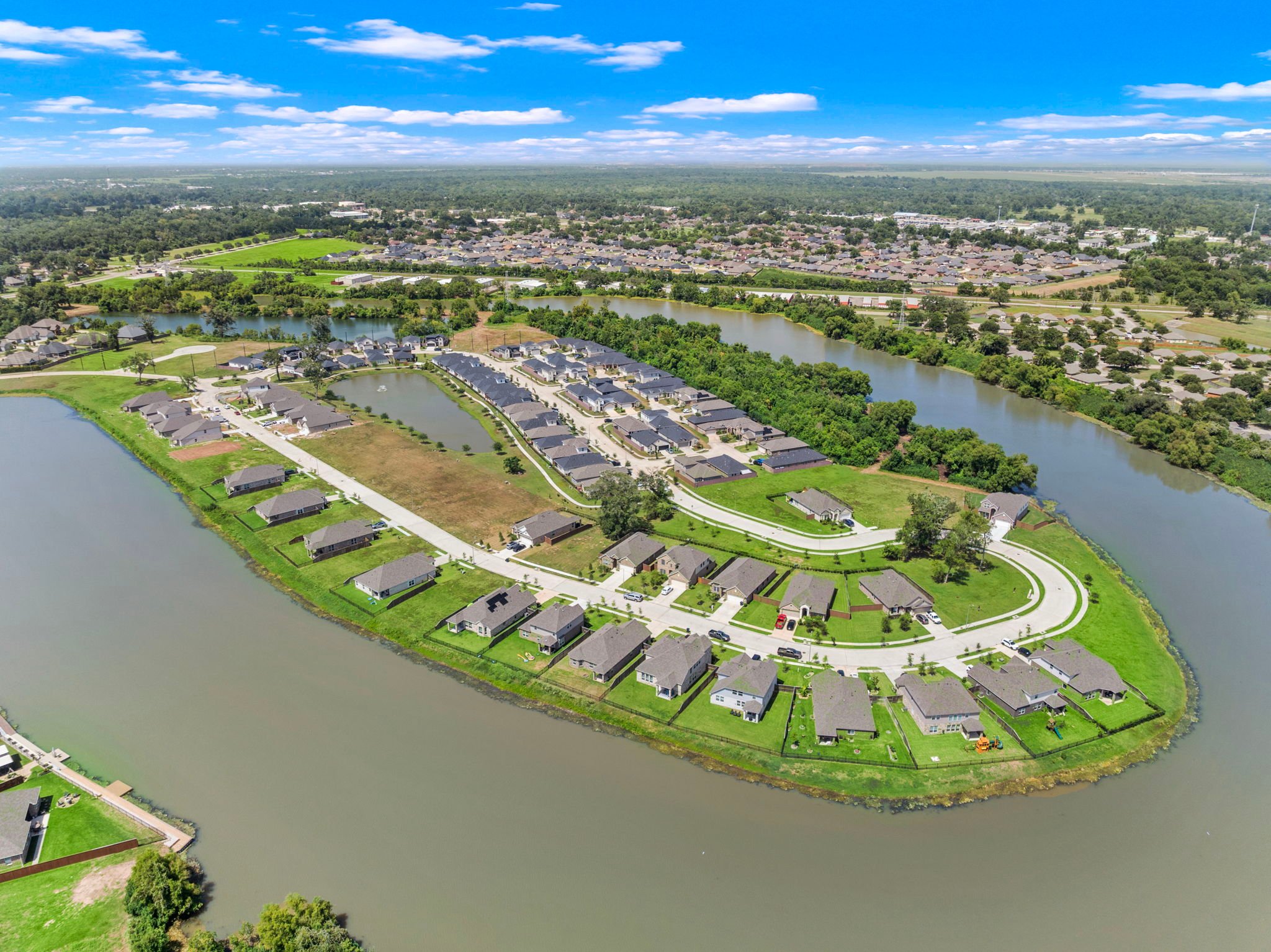 A river with a small town.