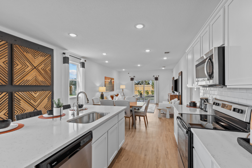 A kitchen with white cabinets.