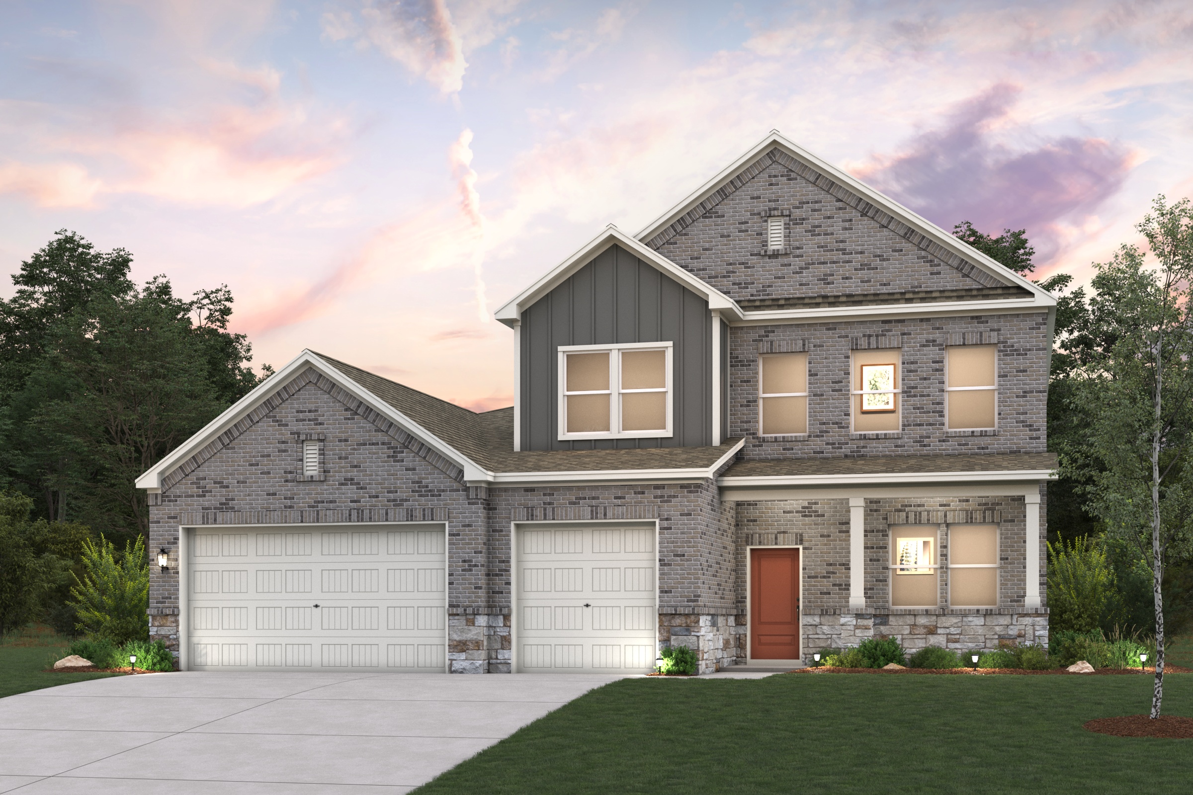 A house with garages and trees.