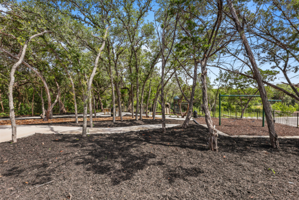 A dirt path with trees on either side of it.