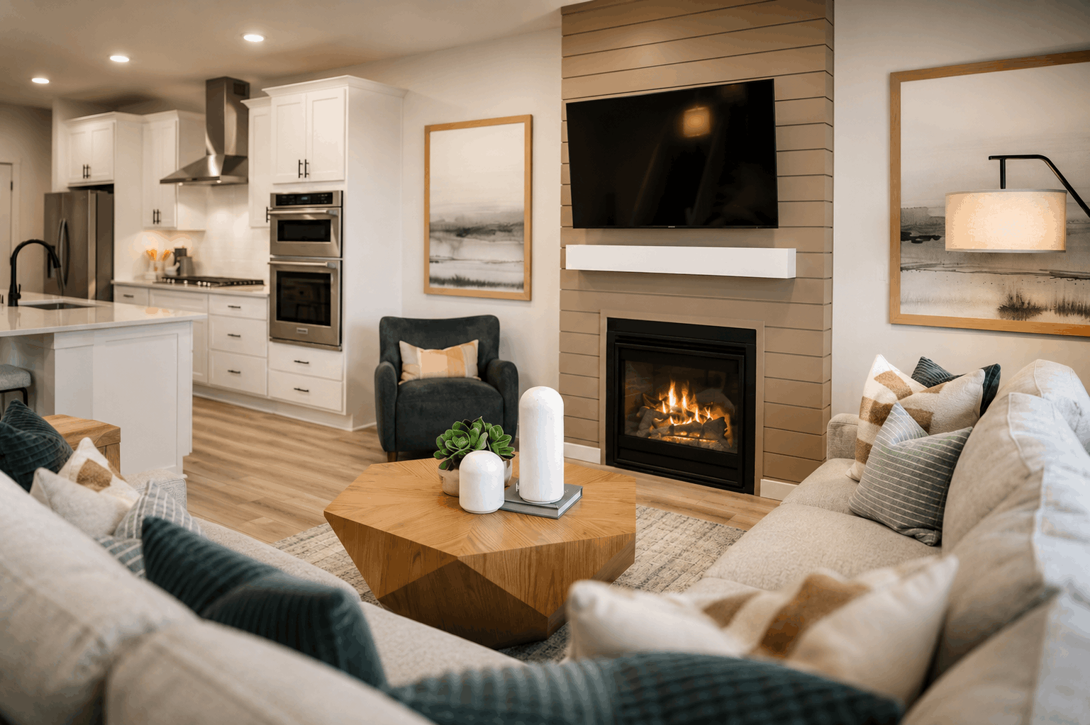 A living room with a fireplace.