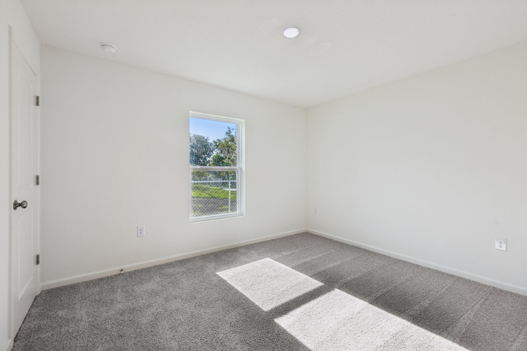 A room with a window and a rug.
