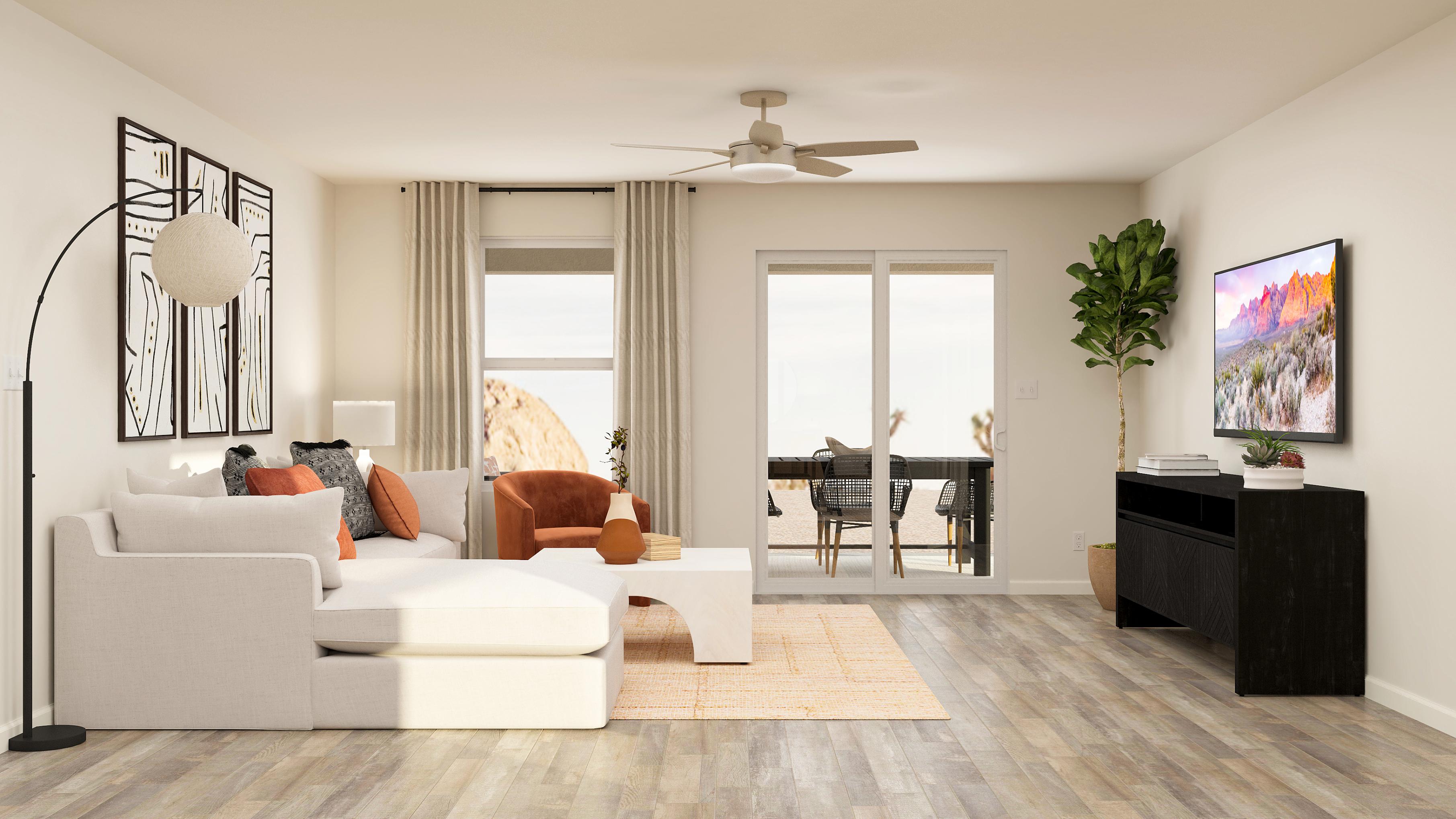 A living room with a white couch.