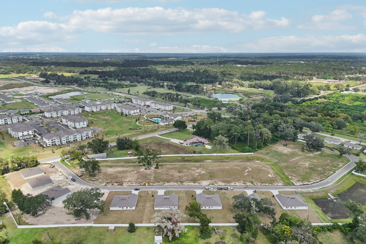 An aerial view of a town.